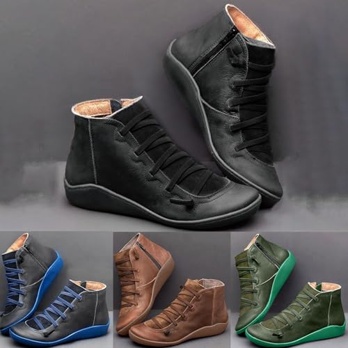 Women Ankle Boots No Heel Arch Support Vintage Lace Up Side Zipper Shoes Retro Comfortable Flat Booties for Outdoor4
