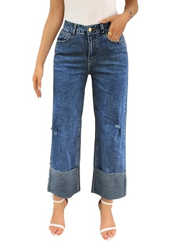 Cicy Bell Womens Wide Straight Leg Jeans High Waisted Trendy Cuffed Hem Distressed Vintage Denim Pants