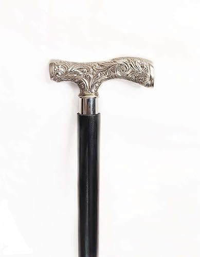 AnNafi Bastón de madera de ébano negro y plateado latón Bastón de madera natural tono para hombres y mujeres Exhibición decorativa del personal