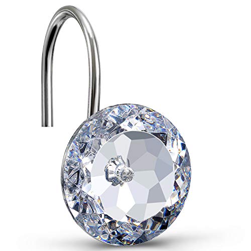 CHICTIE Ganchos para cortina de ducha, ganchos decorativos de cristal para cortina de ducha, juego de 12 ganchos de ducha redondos de acero inoxidable resistentes a la corrosión para baño
