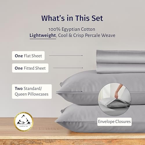 California Design Den Certified 100% Egyptian Cotton Sheets Queen Size Bed Set - Queen Sheet Set Percale with Deep Pockets, Lightweight, Crisp, Cool & Durable Luxury Bedding - Light Grey