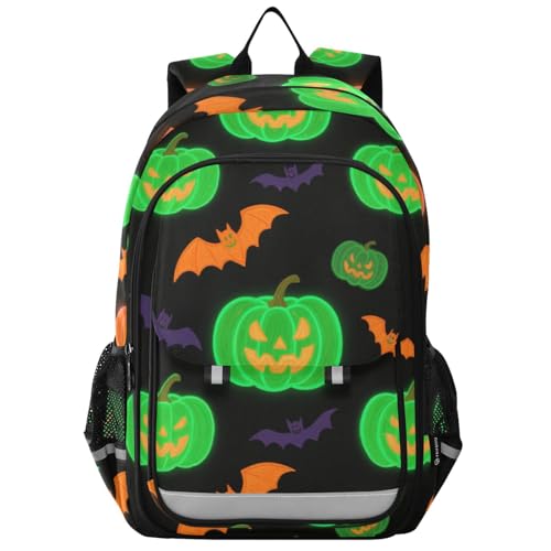 personalized kids backpacks for girls 8-12： lightweight book bags for teen in assorted colors - Light Up Pumpkin Bat Green Orange
