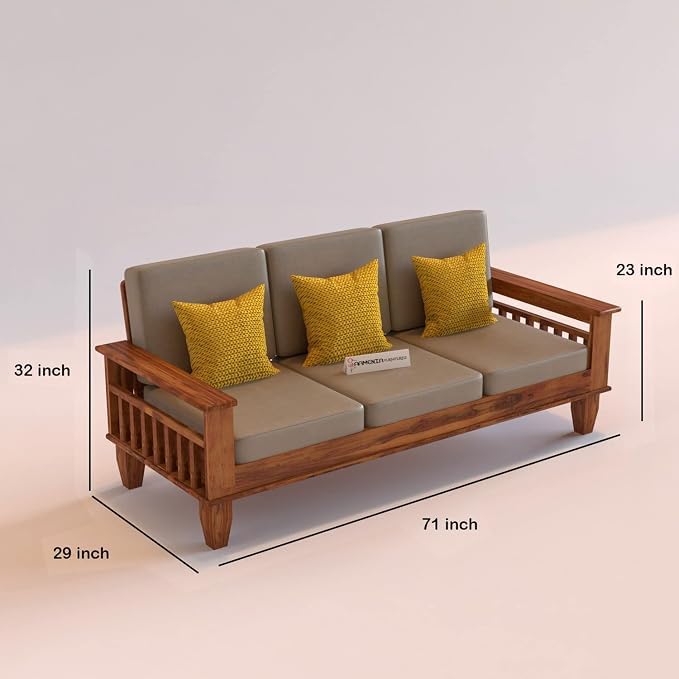 Image of Sheesham Wooden 3 Seater Sofa for Living Room | Rosewood 3 Seater Cushion Sofa with Side Newspaper Holder for Home & Office | Solid Wood Sofa Set for Lounge (Honey)