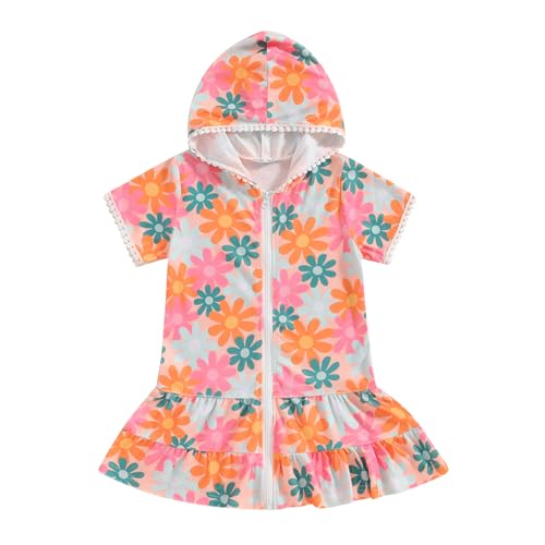 Image of Girls Swim Cover Up Kids Short Sleeve Swimsuit Coverups Terry Zip-Up Hoodies Beach Dress Ruffle Bathing Suit Wraps