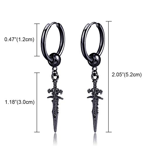 Gothic Punk Black Stainless Steel Dagger Cross Sword Dangle Earrings Piercing Jewelry Huggie Hoop Earring Gift For Men Women Teens (Black-Cross Sword) #TOP6
