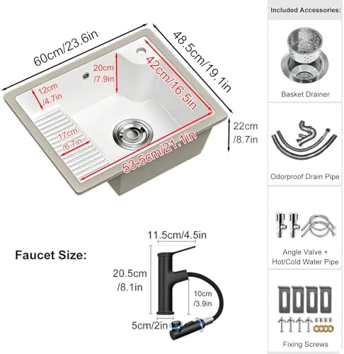 Undermount Rectangular Ceramic Bathroom Sink with Washboard, Faucet & Overflow - Easy to Clean Vanity Laundry Sink for Balcony & Bathroom (70.5x48x23cm/27.8x18.9x9in)