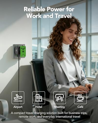 Image of MFish 75W Universal Travel Adapter, 5-Port International Power Adapter with Retractable USB-C Cable, 3 USB-C & 1 USB-A + AC Outlet, Worldwide Wall Charger for MacBook, iPhone, iPad, EU /UK /US /AUS Black