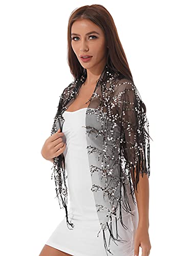Women Sequin Tassel See-through Mesh Shawl Evening Party Wraps Cover Ups Fringed Scarf Outerwar2