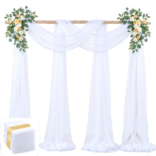 4 Panels White Sheer Fabric for Draping, 30"x19FT Wedding Arch Drapes Tulle Curtains Backdrop, White Chiffon Draping Panels for Wedding Ceremony Party Baby Shower Decorations, Photoshoot & Home Wall