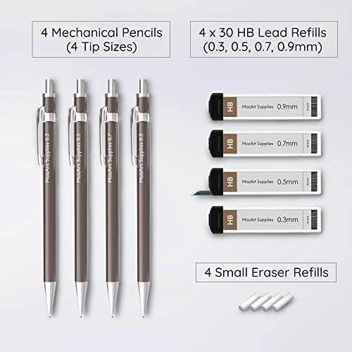 MozArt Mechanical Pencil Set with Case - 4 Sizes: 0.3, 0.5, 0.7 & 0.9mm with 30 HB Lead Refills Each & 4 Eraser Refills - Sketching, Architecture, Drawing Mechanical Pencils, Metal Mechanical Pencil