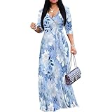 PinkPatty Women's Floral Print Maxi Dress 3/4 Sleeve V-Neck Casual Loose Wrap Tie Waist Long Dress Large