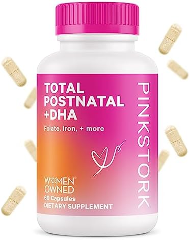 Pink Stork Total Postnatal Vitamin with Omega 3 DHA, Postpartum Essentials Multivitamin with Folate, Iron, & B Complex, Postnatal Vitamins for Women, For Breastfeeding Moms - 1 Month Supply