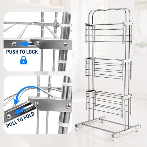 Image of JD FRESH 3 Tier Stainless Steel Clothes Drying Stand /Heavy Duty Rust Proof Laundry Rack with 360 Wheels /Foldable Cloth Hanger Stand & 24 Rods /Space Saving Cloth Dryer for Home, Balcony & Indoor Use