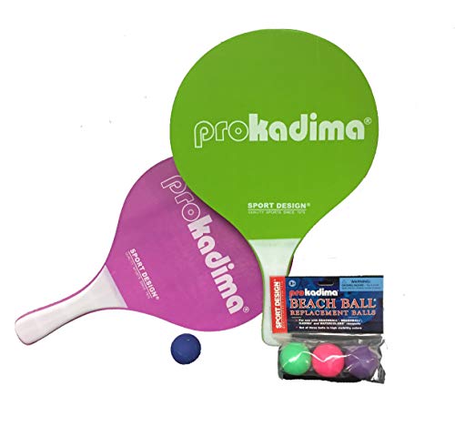 W4W Kadima Beach Paddle Ball Racket Set - Bundle Pack includes 4 Balls & 2 Paddles (Green/Purple)