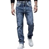 Men's Stretch Denim Jeans Classic Jeans with Embroidered Design, ESDVD Street Style Regular Jeans Relaxed Fit Pants Comfy (US, Waist, 32, Regular, Blue-1)