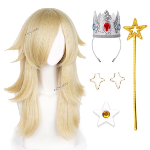 Image of LABEAUTE 6Pcs Long Blonde Princess Cosplay Wig for Women with Crown Wand Brooch Earrings Wig Cap Anime Costume for Halloween /Party