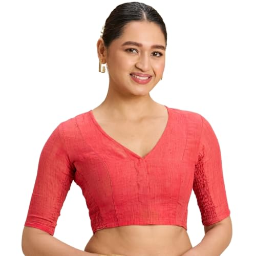 Image of Studio Shringaar Women's Thick Handloom Cotton Plain Side Stretch (Smocked) Readymade Saree Blouse