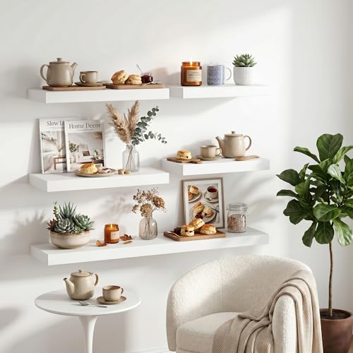 Image of Dreamland 12x12 Floating Shelves for Wall, 12 inch Deep Thicker White Floating Shelves, Wall-Mounted Shelves for Bedroom, Living Room, Kitchen, Bathroom - Set of 3
