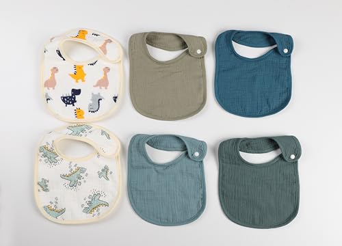 Baby Bibs Set, 6 Muslin Cotton Bibs with Dinosaur and Animal Prints