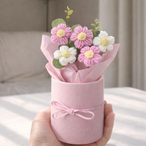 Image of VCR Handmade Pink Crochet Bouquet- Pack of 2 - Hand Woven Knitted Artificial Hand Knitted Bouquet Flower for Office Desk, Table, Car, Bedroom, Wedding & Special Occasions