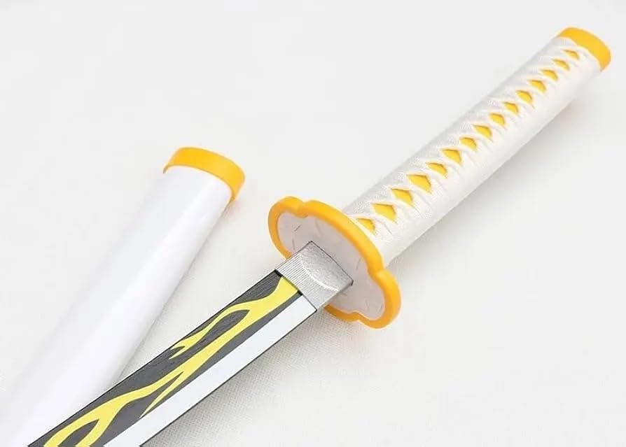 Image of Demon Slayer Zenitsu Agatsuma Katana Wooden Sword with Display Stand, Life Size Nichirin 104cm Bamboo Wood Anime Cosplay Replica Toy with Sheath, Yellow and Black Design