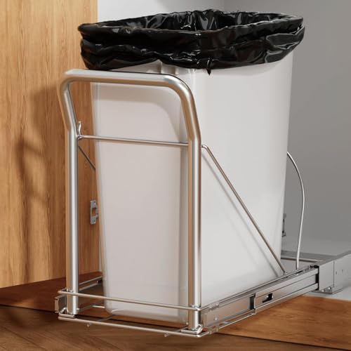 Pull Out Trash Can Under Cabinet w/ Soft-Close, Stainless Handle, Chrome | Heavy Duty Under Sink Pull Out Kit, Adjustable Tail Groove For 7-13 Gal Can, Requires 13″W x 18″D Cabinets, Bin Not Included