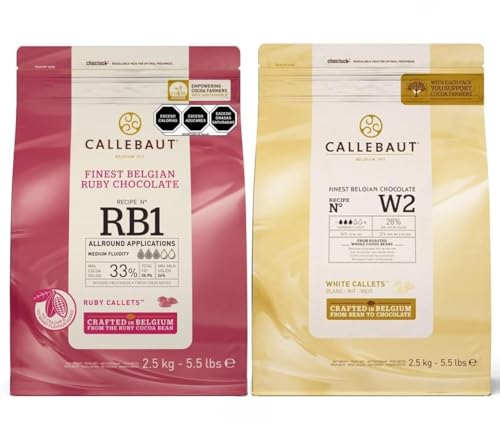 Baking Chocolate Chips | 2 Pack of 5.51 Bags (2.5KG) (Ruby RB1 / White Chocolate W2) | Belgium Chocolate