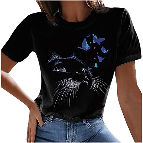 Cute Animal Print Shirts for Teen Girls Summer Short Sleeve O-Neck Casual Tops Loose Funny Cat Print T-Shirts Blouses
