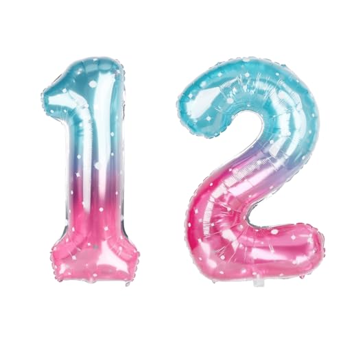 Pink Blue Number 12 Balloon 40 Inch, Shiny Ombre Foil for Pre-Teen 12th