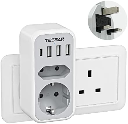 TESSAN UK Adapter, 6 in 1 Adapter England Deutschland Stecker | 1 USB C und 3 USB A, 3250W Reiseadapter UK, Steckdosenadapter England für Irland Schottland London Malta Dubai