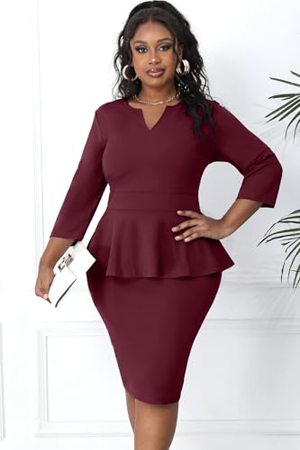 Image of Runwind Plus Size Dresses for Curvy Women, Work Church Professional Office Vintage Peplum Pencil Dress V Neck 3 /4 Sleeve
