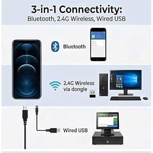 Image of Wireless 2D & 1D (Bluetooth + USB+2.4 GHz) Barcode Scanner Wireless & Wired | QR Code Scanner Rechargeable | USB Handheld Barcode Reader with Induction Scanning, Built-in Light, ABS Body