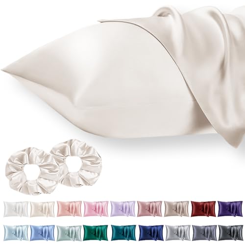 Vielit 2 Pack Satin Pillowcase for Hair and Skin Cooling Soft as Silk Pillowcase for Hair and Skin Easier Care than Silk Pillow Case Beige 50x75cm Gifts for Women Envelope & 2 Scrunchies