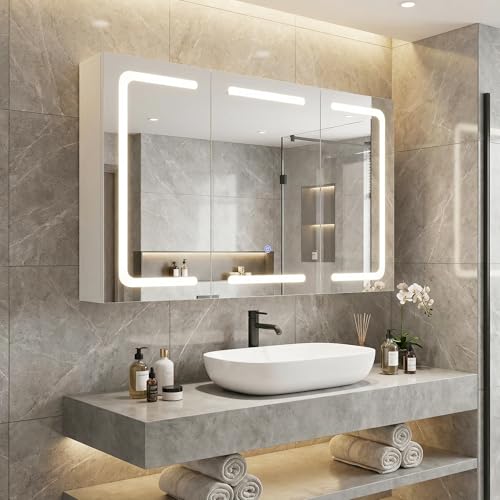 Thanaddo Spiegelschrank Bad mit LED Beleuchtung 90x60cm, Badezimmerschrank mit 6 Regal 3 Tür, Badschrank mit LED Badspiegel, 3 Farben Dimmbar Thanaddo Spiegelschrank Bad mit LED Beleuchtung 90x60cm, Badezimmerschrank mit 6 Regal 3 Tür, Badschrank mit LED Badspiegel, 3 Farben Dimmbar