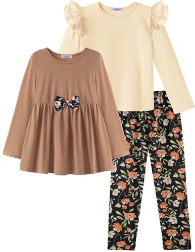 Arshiner Girls Fall Outfits 3 Pcs Clothes Cute Ruffle Shirt Long Sleeve Bowknot Top and Floral Leggings Sets