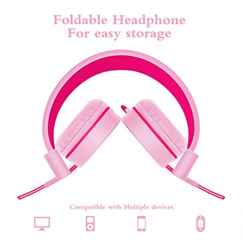 Image of ELECDER i37 Kids Headphones for School Children Girls Boys Teens, Rose /Pink | Foldable Adjustable Lightweight, 3.5mm Audio Jack On Ear Headphones for Smartphones Chromebook Computer PC Tablets Travel