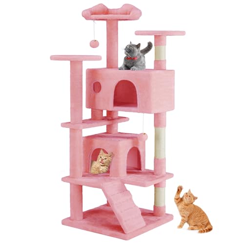 Sweetcrispy 54 Inch Cat Tree Tower, Multi-Level with Cat Scratching Post, Indoor Cat Condo with Climbing Ladder, Plush Toy, Play House for Cat, Pink