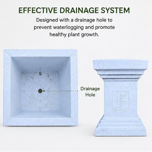 Image of Synergy Plast Tulsi Plant Pot for Indoor Outdoor Use (Marble White) | Marble Finish Fiber Planter with Drainage Hole | Decorative Tulsi Gamla for Home Balcony Garden Terrace | Size:- 16X16X22 Inches