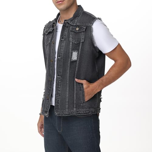 Image of NASKY Men's Fit Retro Ripped Denim Vest Sleeveless Jean Vest and Jacket