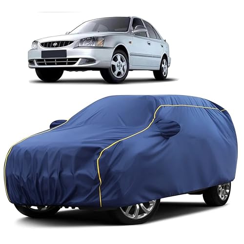 Image of Sulfar 100% Water Resistant Car Body Cover Compatible with Mirror for Hyundai Accent Viva (Triple Stitched, Full Bottom Elastic, Blue Taffeta with Yellow Piping)