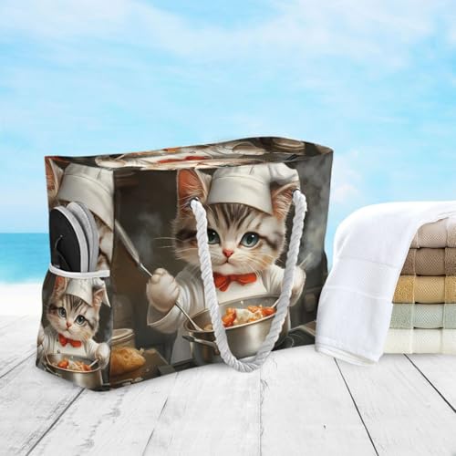 Cute Cat Chef Beach Bag for Women Large Beach Tote Bag with Zipper for Travel Vacation4