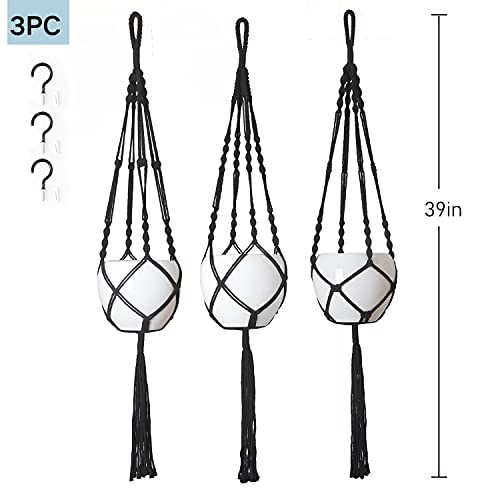 Protitous Macrame Plant Hanger 3Pcs Black Indoor Hanging Planter Basket Flower Pot Holder Cotton Rope With Ceiling Hook,Same Size,4 Legs 39 Inch #TOP1