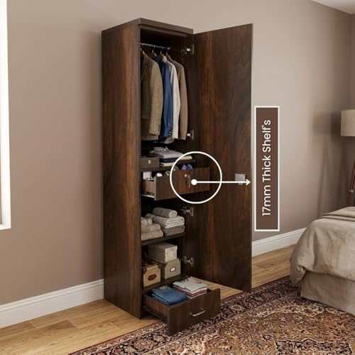 Image of CASPIAN Engineered Wood 1 Door Wardrobe | Pre-Assembled Wooden Almirah for Bedroom Storage | Single Door Cupboard with Drawer, Hanging Space & Shelves | Compact Clothes Organizer | Brown