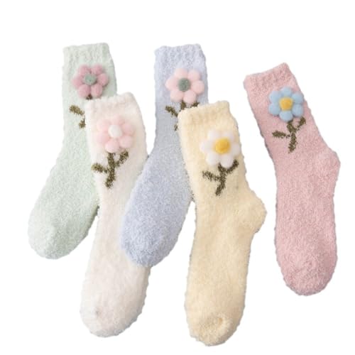 Image of 5 Pairs Fuzzy Socks for Women, Winter Thickening Coral Velvet Cozy Slipper Socks, Warm Home Sleeping Socks, Mid-calf Floor Socks, Cute Funny Socks for Female