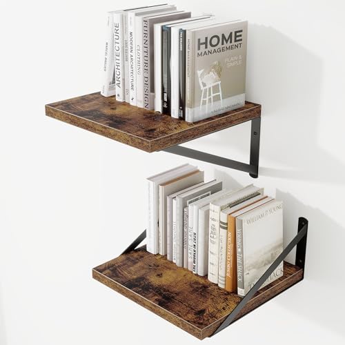 12" Deep Wall Shelves with Metal Brackets, 12" Wide, Rustic Brown, 2pcs