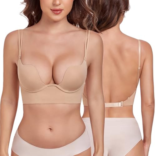 Lemorosy Damen Rückenfrei BH Tief U-Ausschnitt Push Up Bra mit Bügel Niedrigem Rücken mit Trägern (Beige,80C)