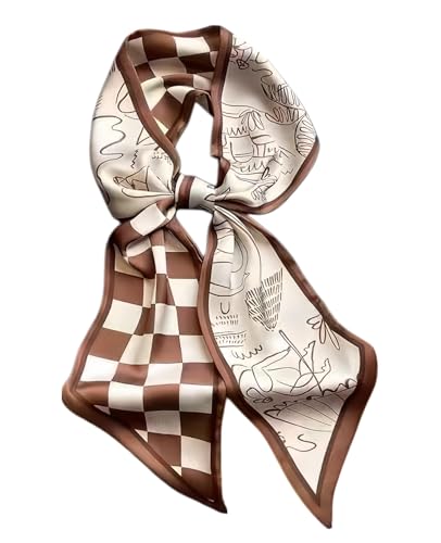 Fashion Scarf for Women - 58" Long Skinny Scarf Lightweight, Luxurious Silk Feeling for Neck, Hair, Purse & Belt Accessory (Brown & White Checker Sketch)