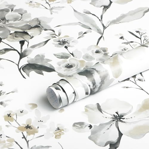 Fiula Selbstklebende Tapete Klebefolie Möbel Blumen Grau und Weiß 41CMx5M Möbelfolie Selbstklebend Wasserdicht Vinyl Wohnzimmer Schlafzimmer Vintage Abnehmbar Florale Tapete Wallpaper