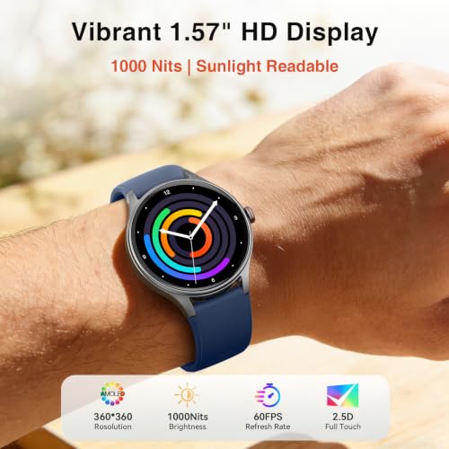 Image of Fitpolo Smart Watch for Men Women Android iPhone, 1.57'' HD Fitness Tracker with Bluetooth Call & Answer, IP68 Waterproof, Heart Rate /SpO2 /Sleep Monitor, Built-in AI Voice, 105+ Sports Modes (Blue)