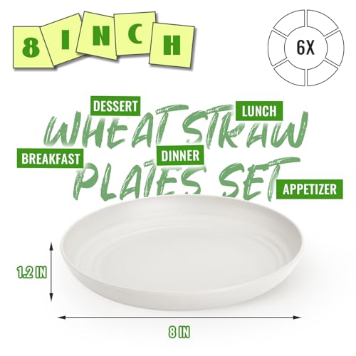 Image of Wheat Straw Plates Set of 6, 8In Unbreakable Plastic Plates, White | Microwave and Dishwasher Safe Small Deep Plates for Appetizer, Kids, Breakfast, Camping